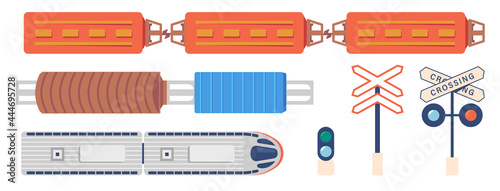 Rail Trains Top View, Railway Signs and Traffic Lights, Symbols for Map or City Constructor Isolated on White Background