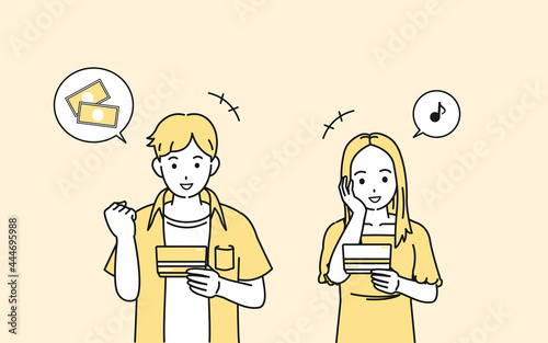 給料　貯金　通帳を見て喜ぶ　若い男女　振込　イラスト素材