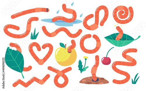 Set of Earth Worms, Soil Earthworms, Caterpillar Insects. Nature Wildlife Creature, Garden Invertebrate Worms Eat Leaf