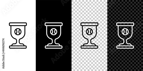 Set line Award cup with baseball ball icon isolated on black and white, transparent background. Winner trophy symbol. Championship or competition trophy. Sports achievement. Vector