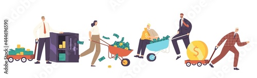 Male and Female Business Characters with Money Wheelbarrow, Safe and Trolley with Golden Coins and Dollar Bills