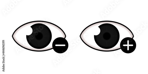 Vision problems. Nearsighted and farsighted. Hyperopia and myopia. Human eye with plus and minus.  Illustration vector