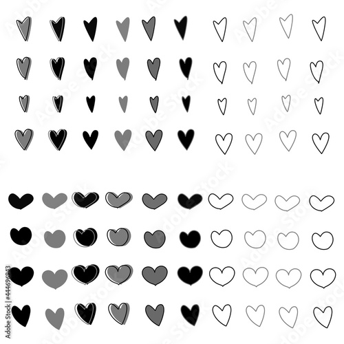  Hand drawn heart black and white icons set