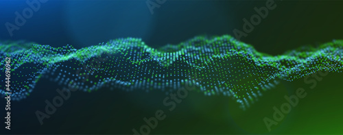 Abstract green and blue particles background. Flow wave with dot landscape. Digital data structure. Future mesh or sound grid. Pattern point visualization. Technology vector illustration.