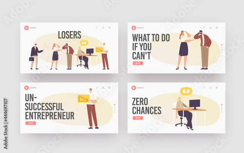 Characters Losers Landing Page Template Set. Businesswoman Deleted Data from Computer, Hater Laughing on Upset Man