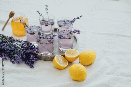 Fresh lavender lemonade on marble tray.
