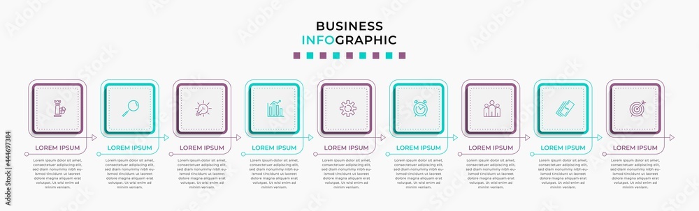 Vector Infographic design illustration business template with icons and 9 options or steps. Can be used for process diagram, presentations, workflow layout, banner, flow chart, info graph