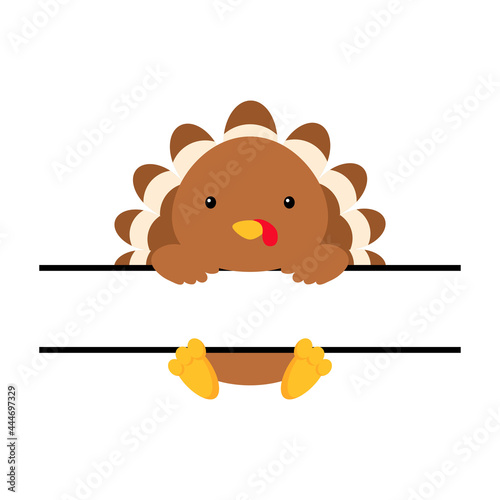 Cute turkey split monogram. Funny cartoon character for shirt, scrapbooking, print, greeting cards, baby shower, invitation, home decor. Bright colored childish stock vector illustration.