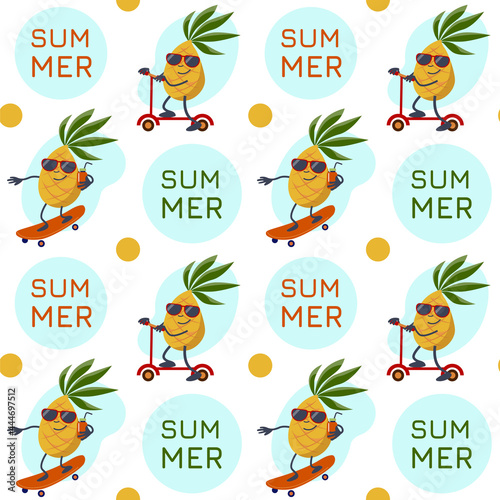 Summer wallpaper with cartoon characters. Cute pineapple rides on a skate board and kick scooter. Funny fruit with a drink enjoy summer. Vector seamless pattern. 