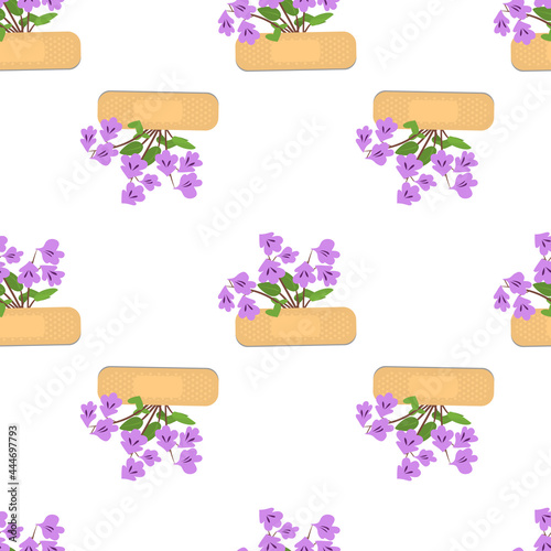 Seamless pattern with sticking plasters and purple flowers. Medical patch repeat texture. On white background. Stock vector illustration.