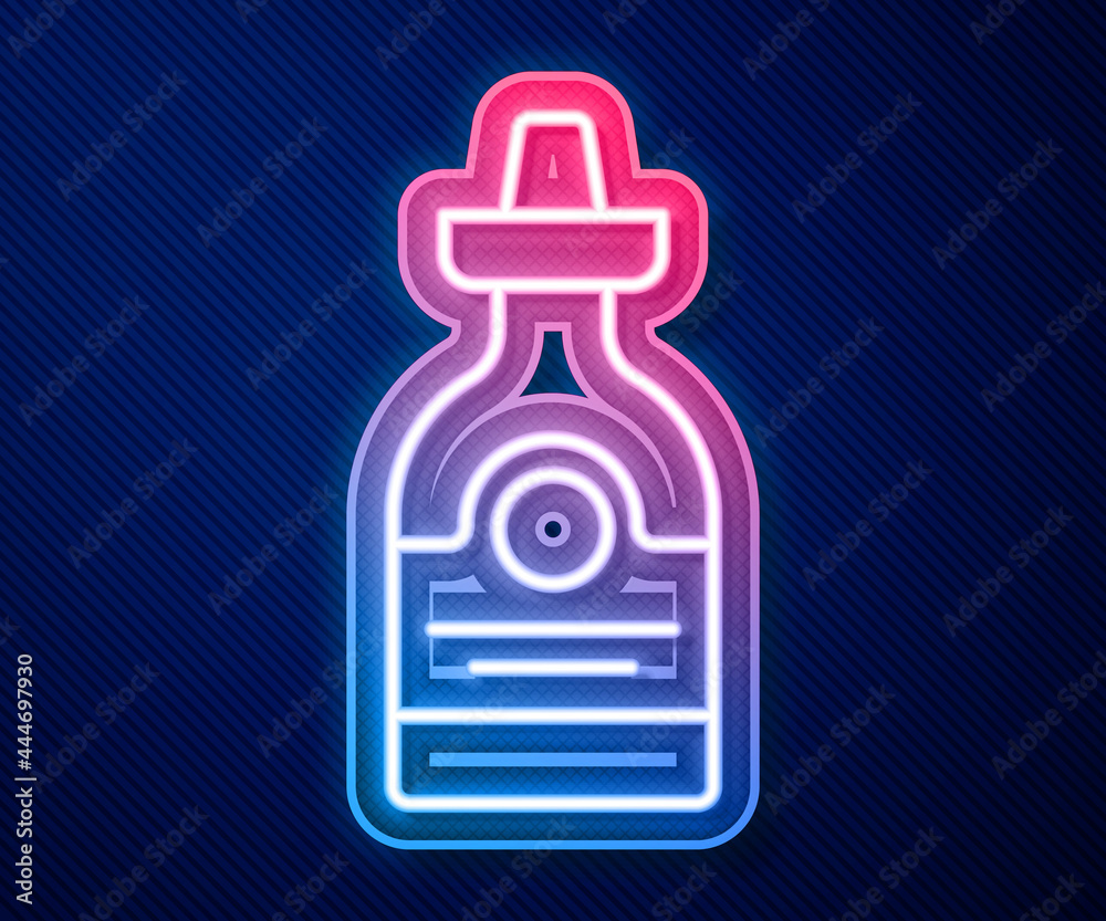 Glowing neon line Tequila bottle icon isolated on blue background. Mexican alcohol drink. Vector Glowing neon line Tequila bottle icon isolated on blue background. Mexican alcohol drink. Vector