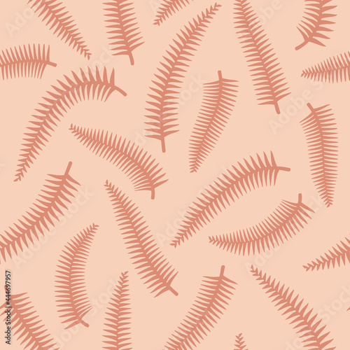 Simple minimal burgundy fern leaves tropical seamless pattern. Pink background. Flat jungle foliage modern texture. Stock vector illustration.