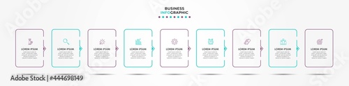 Vector Infographic design illustration business template with icons and 9 options or steps. Can be used for process diagram, presentations, workflow layout, banner, flow chart, info graph