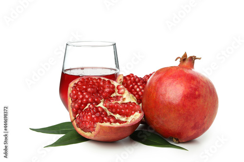 Fresh pomegranate juice and ingredients isolated on white background