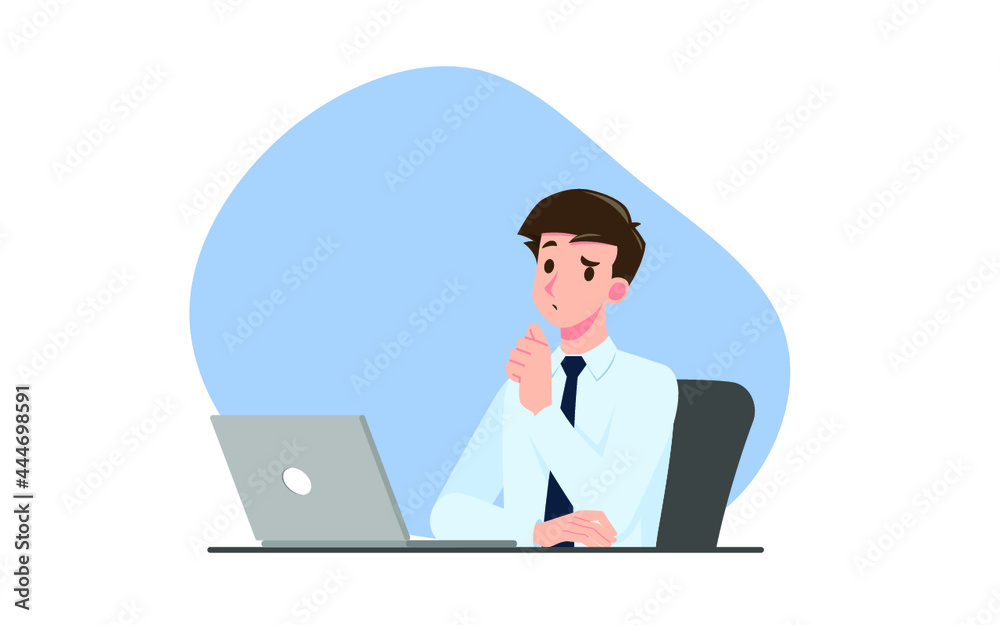Successful businessman character thinking. Thinking business people during work with personal computer laptop. Working concept vector illustration design.
