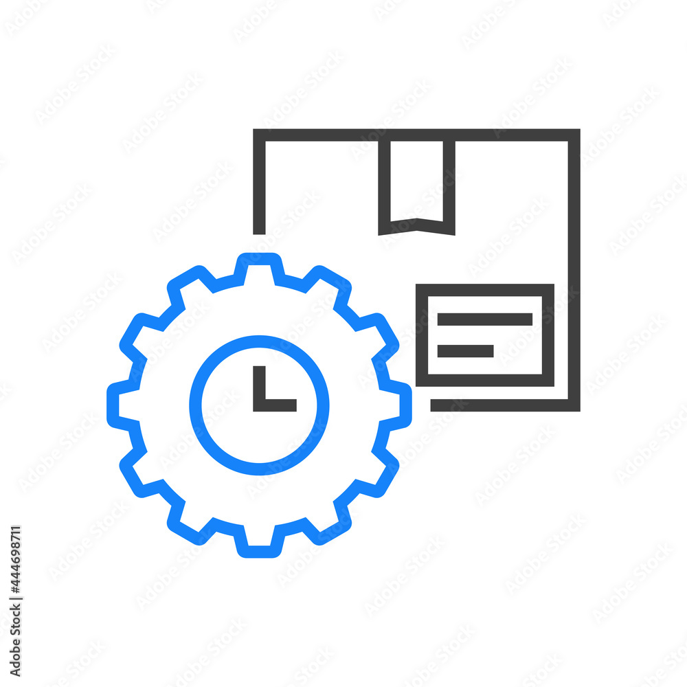 Configuracion envio. Icono caja de cartón con engranaje con lineas en color gris y azul Configuracion envio. Icono caja de cartón con engranaje con lineas en color gris y azul