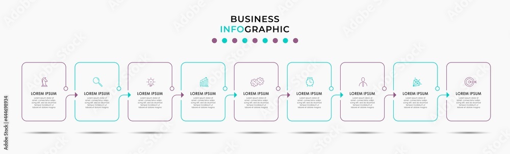 Obraz premium Vector Infographic design illustration business template with icons and 9 options or steps. Can be used for process diagram, presentations, workflow layout, banner, flow chart, info graph