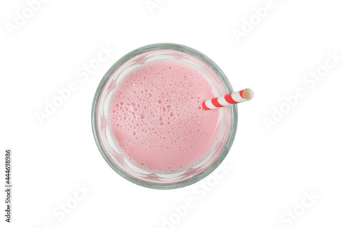 Glass of strawberry milkshake isolated on white background
