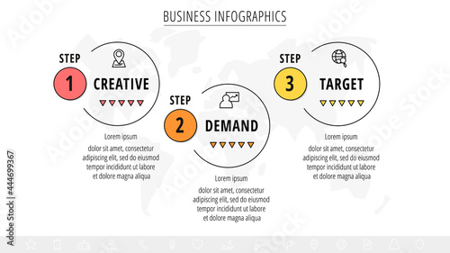 Vector minimal line infographics with circles. Business concept 3 steps by step for diagram, chart, web, graphic