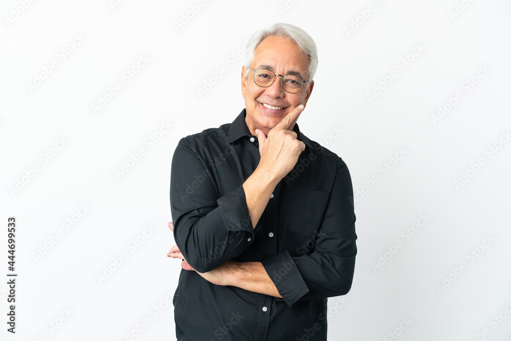 Middle age Brazilian man isolated on white background happy and smiling Middle age Brazilian man isolated on white background happy and smiling