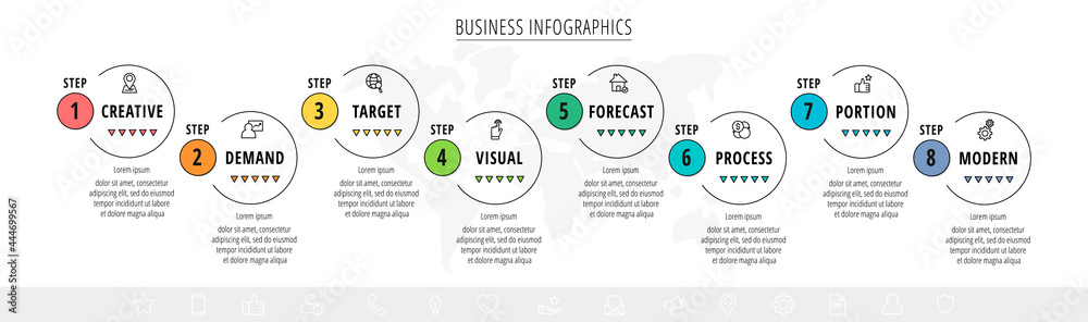 Fototapeta premium Vector minimal line infographics with circles. Business concept 8 steps by step for diagram, chart, web, graphic