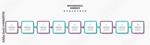 Vector Infographic design illustration business template with icons and 9 options or steps. Can be used for process diagram, presentations, workflow layout, banner, flow chart, info graph