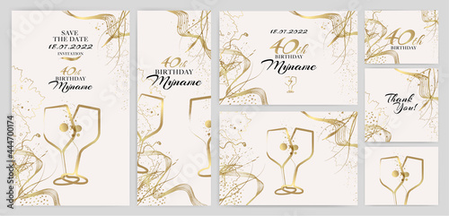 illustration with silhouette of glasses and decorative elements of golden color. Invitation design Save the Date, thank you card, menu list.