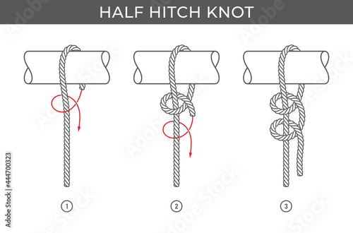 Vector simple instructions for tying a Half hitch knot. Three steps. Isolated on white background.