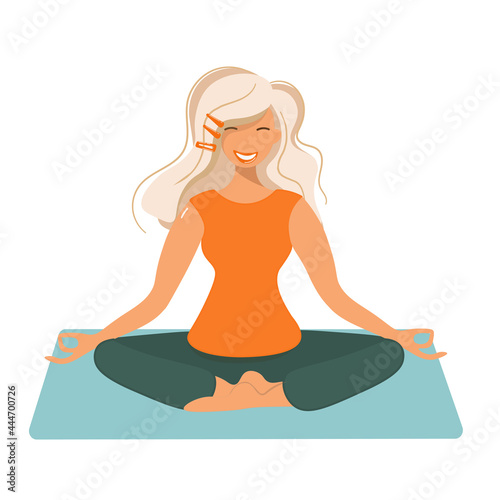 The blonde in the lotus position is engaged in yoga. The woman maintains balance through meditation. Padmasana pose, relaxation, nirvana, yoga practice, mantra, breathing exercises. Vector isolated.