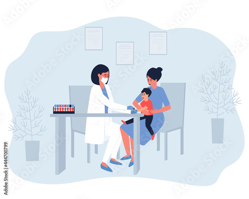 The nurse takes a finger test from the child. The baby is sitting in mom's arms. Collection of capillary blood from a finger using a lancet in a medical facility. Flat vector illustration.