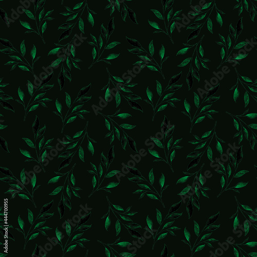 Watercolor branches with green leaves on a contrasting dark background.