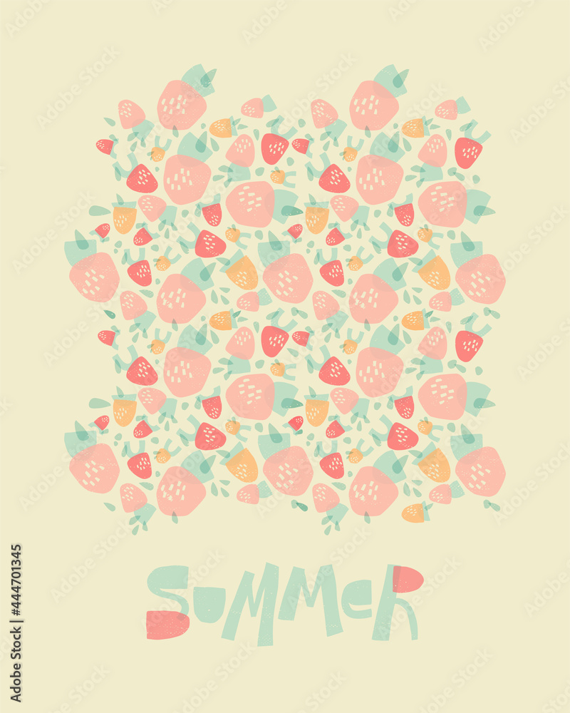 Strawberries made from geometric shapes. Summer design in pastel colors for print, poster, postcard.
