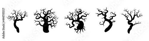 Set of black silhouettes of trees. Spooky horror design decoration for Halloween party. Spooky background for October party and invitations. Flat vector stock illustration.