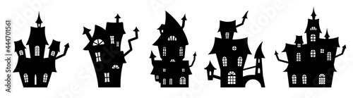 Set of black silhouettes of haunted houses. Spooky horror design decoration for Halloween party. Spooky background for October party and invitations. Flat vector stock illustration.