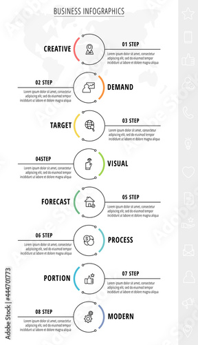 Vector minimal line infographics with circles. Business concept 8 steps by step for diagram, chart, web, graphic