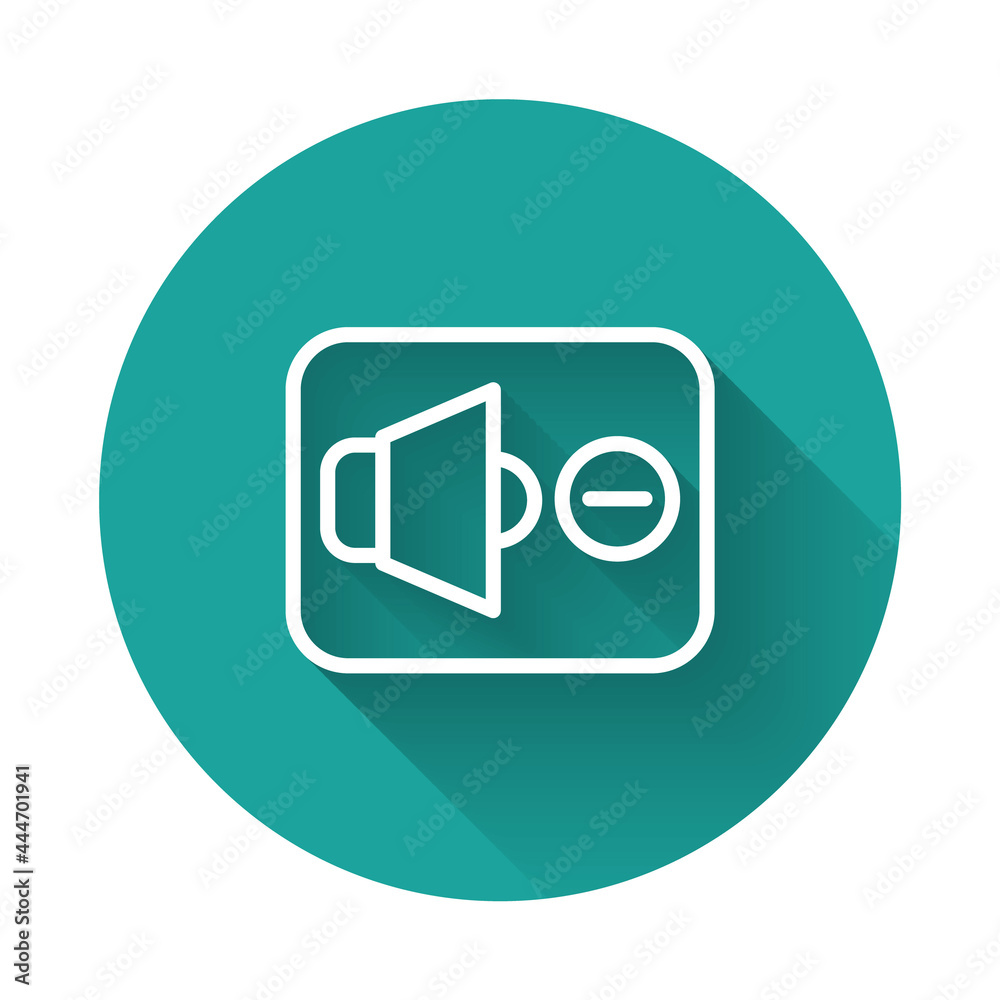 White line Speaker mute icon isolated with long shadow background. No sound icon. Volume Off symbol. Green circle button. Vector White line Speaker mute icon isolated with long shadow background. No sound icon. Volume Off symbol. Green circle button. Vector