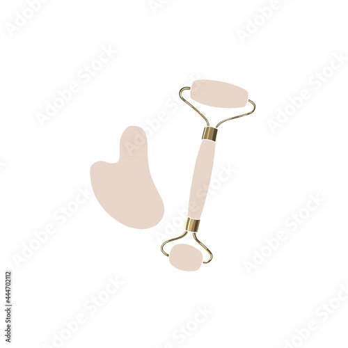 Jade face roller and gua sha. Rose quartz face massager. Skin lifting tools. Abstract feminine vector illustrations. Summer trendy simple icons. Instagram post, business advertisement, flyer design.