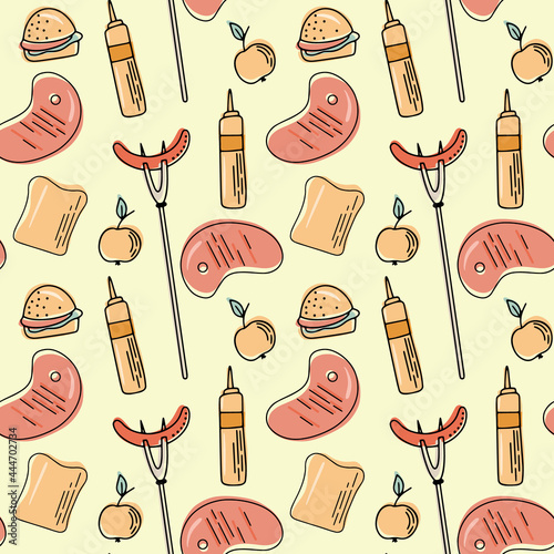 Vector seamless pattern of barbecue, barbecue, grill. Picnic in flat cartoon style. Collection of barbecue tools for cafe