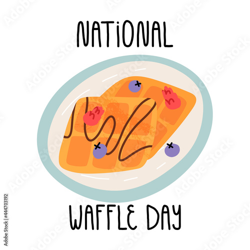 National waffle day banner with hand lettering. Cute waffles on a plate with fresh blueberries and raspberries