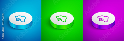 Isometric line Peace cloud icon isolated on blue, green and purple background. Hippie symbol of peace. White circle button. Vector