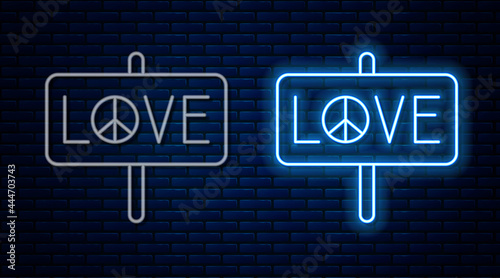 Glowing neon line Peace icon isolated on brick wall background. Hippie symbol of peace. Vector