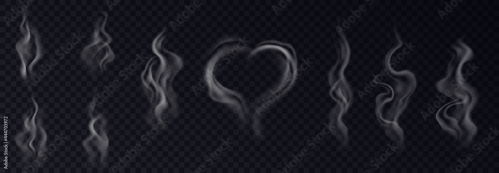 Steam smoke realistic set with heart and swirl shaped white vapor on black transparent background - obrazy, fototapety, plakaty 