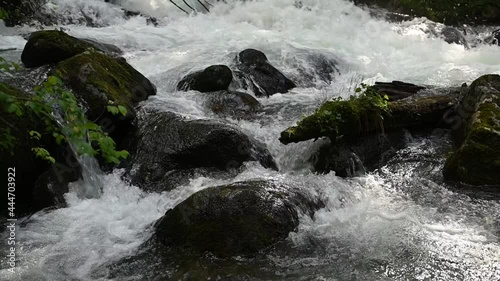 Slow motion of wild clear mountain river , stream flowing through rocks. Close up of river stones with flowing water, clean water flowing in a mountain river