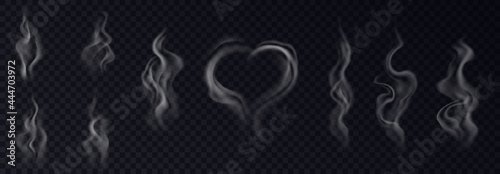 Steam smoke realistic set with heart and swirl shaped white vapor on black transparent background
