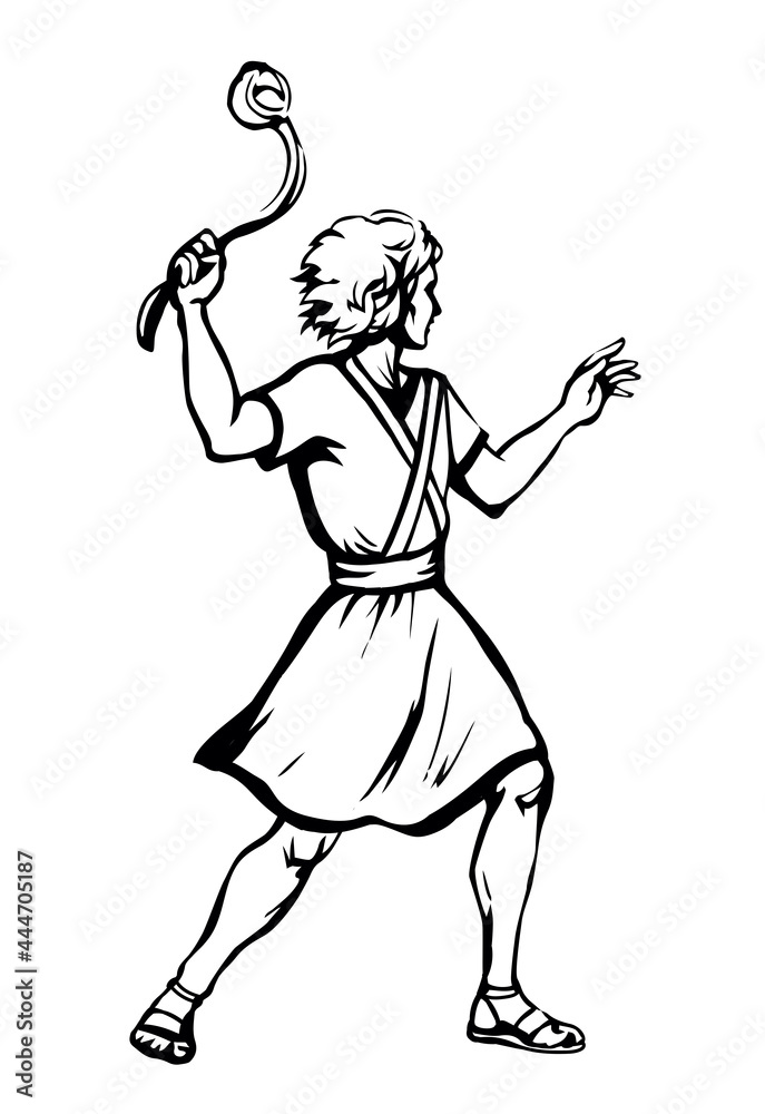 David throws a stone from the sling. Vector drawing