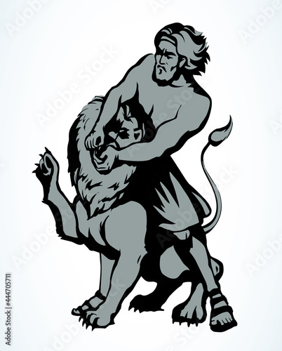 Samson fights a lion. Vector drawing