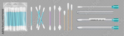 Set of cotton swabs in transparent plastic package and test tubes for covis-19 testing diagnosis