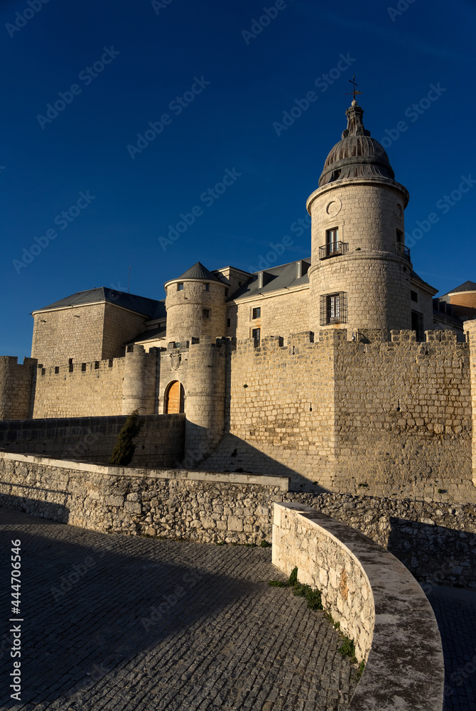 Historical Archive castle of Simancas in Valladolid at sunset with blue sky, Castilla y Leon, Spain.