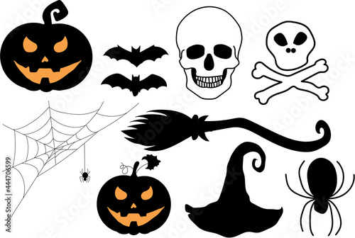 Halloween holiday symbols set: pumpkin, broom and witch hat, skull, bat, spider. Everything is done in black with without background