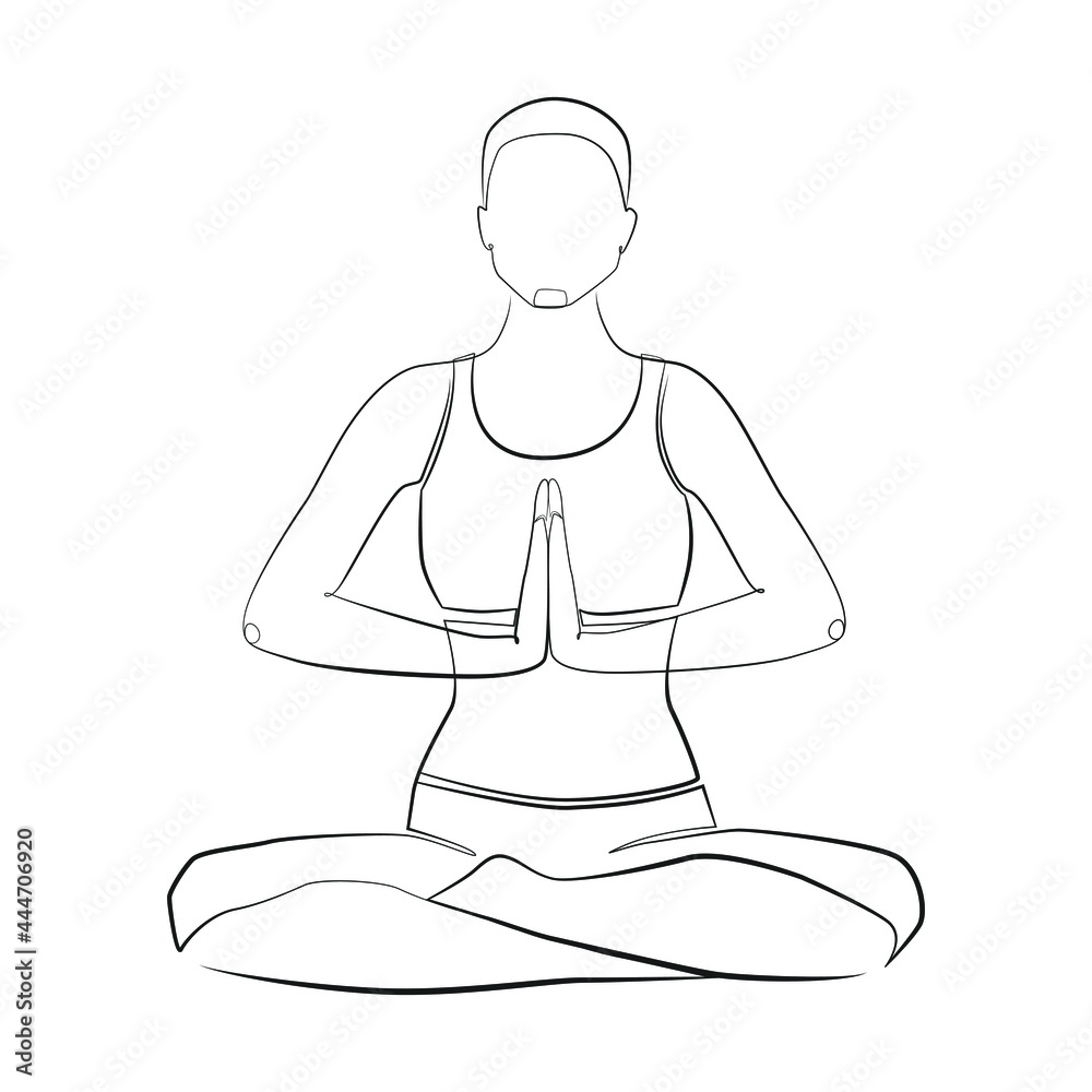 Woman sitting in lotus position line art on white isolated background